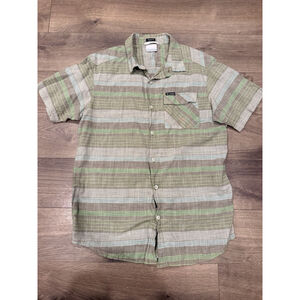 Columbia Surf Pines Shirt Mens M Green Beige Striped Short Sleeve Lightweight